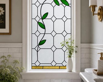 Art Deco Green Vine Stained Glass Effect Window Film, Custom Size Static Cling Privacy Decor