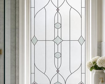 Bathroom Privacy Window Film, Green Art Deco Printed Stained Glass Effect Static Cling, Custom Size Available