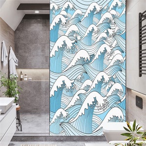 Custom Size Decorative Window Film Frosted Blue Waves Pattern Stained Glass Sticker Bathroom Bedroom Kitchen Decal Privacy No Glue Sticker