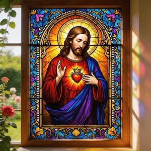 May include: Stained glass window depicting Jesus with a radiant halo, wearing a red and blue robe. The image features a heart with a crown and is framed by a wooden window. The window is decorated with colorful floral and geometric patterns.