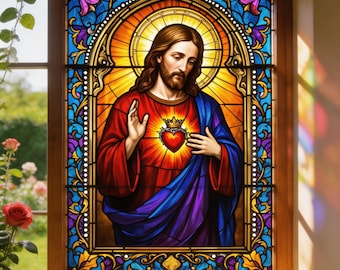 Custom Size Sacred Heart of Jesus Stained Glass Window Film Privacy Static Cling No Glue UV Block Removable Decal for Home Church Decor