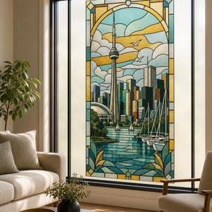 May include: A stained glass window film featuring a cityscape with the CN Tower, skyscrapers, and sailboats on the water. The design uses a palette of teal, yellow, and white, framed by an arched border with geometric patterns and stylized clouds.