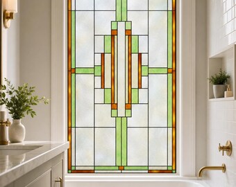 Bathroom Window Printed Stained Glass Effect Film, Green Art Deco Static Cling, Custom Size Available