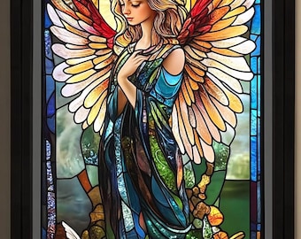 Custom Size Stained Glass Window Film Majestic Angel with Colorful Wings and Soft Background Non-Adhesive Static Cling Privacy Film