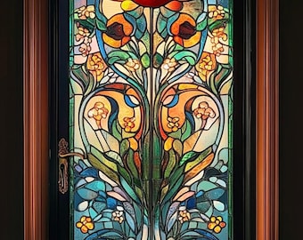 May include: A stained glass door featuring a floral design with a large orange flower with yellow and red accents. The design is surrounded by smaller flowers and leaves in shades of blue, green, and yellow.