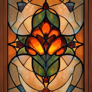 Custom Size Amber Bloom Stained Glass Window Film Art Nouveau Inspired Privacy Cling for Entry Doors Living Room or Studio Spaces