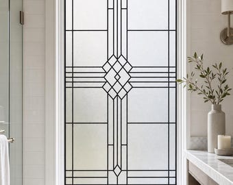 Art Deco Geometric Stained Glass Effect Window Film, Custom Size Static Cling for Bathroom or Door
