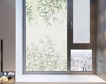 Custom Size Home Privacy PVC Window Film Anti-UV Frosted Glass Stickers with Bamboo Leaf Pattern Glue-Free Electrostatic Door Decor Film