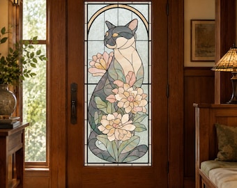 Custom Size Cat Stained Glass Window Privacy Film with Floral Garden Peony Blossoms and Frosted Glass Front Door Decor