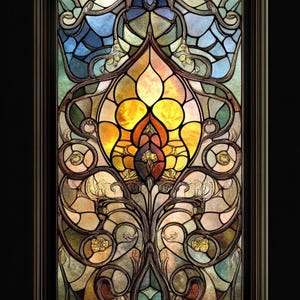 May include: A stained glass window featuring a floral design in shades of blue, yellow, and green. The window is framed in dark wood.