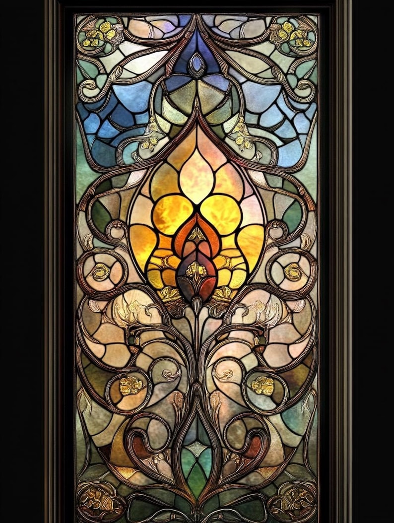May include: A stained glass window featuring a floral design in shades of blue, yellow, and green. The window is framed in dark wood.