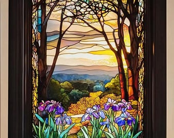 Custom Size Nature Landscape Stained Glass Privacy Film Elegant Trees and Floral Design for Windows and Glass Doors