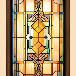 Könnte beinhalten: Ein Buntglasfenster mit einem geometrischen Muster in Blautönen, Grün, Orange und Gelb.
