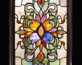 Custom Size Elegant Stained Glass Privacy Film Intricate Design with Purple Orange and Green Tones for Doors Windows and Dining Areas
