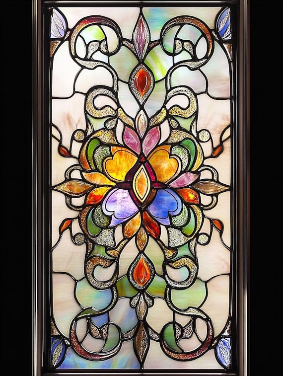Custom Size Elegant Stained Glass Privacy Film Intricate Design with Purple Orange and Green Tones for Doors Windows and Dining Areas