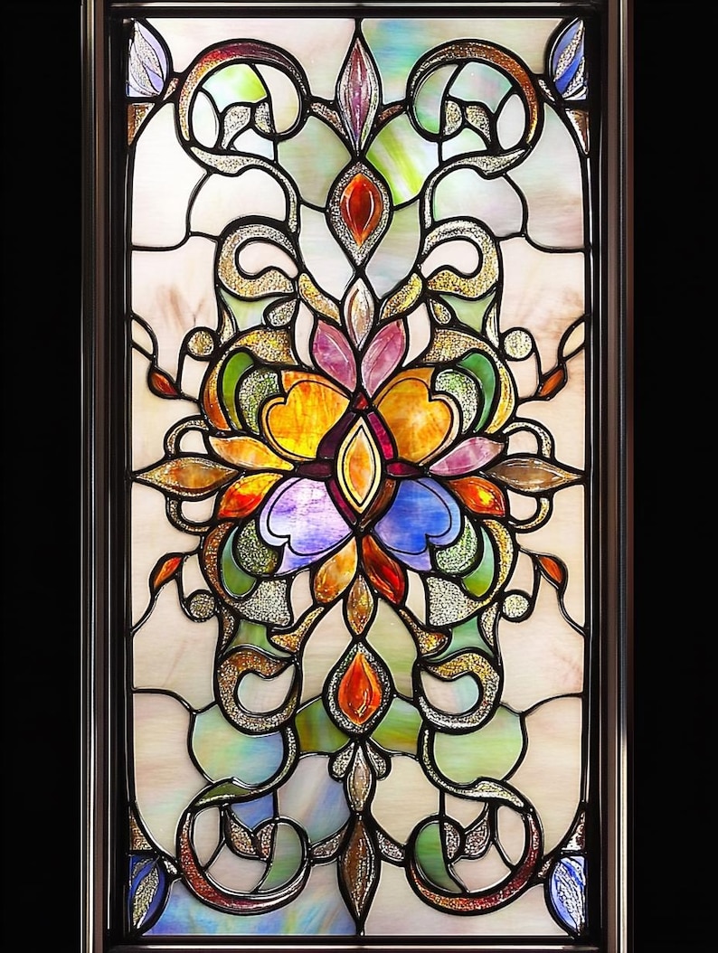 May include: A stained glass window featuring a colourful floral design. The design incorporates a central flower with yellow, orange, red, purple, and blue petals. The flower is surrounded by intricate swirls and leaves in shades of green, brown, and gold.