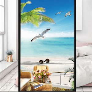 Window Film Privacy Decoration Beach Scenery Window Stickers Sun Blocking Glue-Free Static Adhesive Glass Film