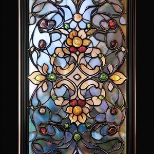 May include: A stained glass window featuring a floral design in shades of blue, green, gold, and red. The design incorporates intricate swirls and leaves.