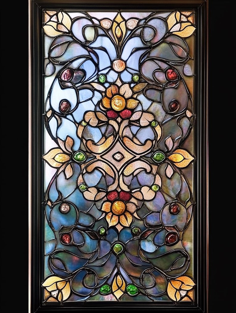 May include: A stained glass window featuring a floral design in shades of blue, green, gold, and red. The design incorporates intricate swirls and leaves.