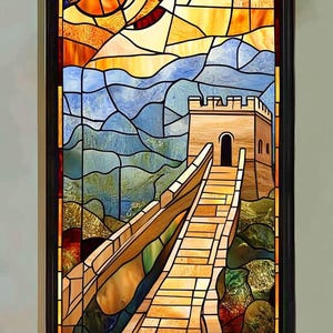 Custom Size Sunset Over Great Wall Window Cling Ancient Architecture Stained Glass Effect Film for Home Static Decorative Privacy