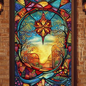 Custom Size Artistic Stained Glass Window Film Bold Colorful Design with Floral and City Elements Non-Adhesive Privacy Cling for Modern Home