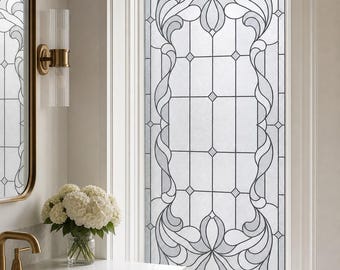 Art Nouveau Floral Scrollwork Stained Glass Effect Film, Custom Size Static Cling