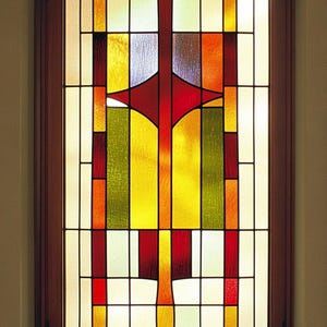 Custom Size Geometric Art Deco Window Privacy Film Red and Yellow Abstract Stained Glass Cling for Living Room or Office Door