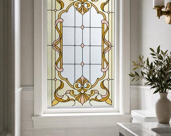 Fleur de Lis Art Deco Stained Glass Effect Window Film, Green Static Cling Privacy Decor, Custom Size Available