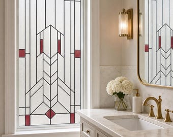 Add Privacy with Art Deco Chevron Window Film, Red Accents, Custom Size