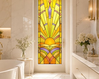 Custom Size Sunrise Sunburst Stained Glass Window Privacy Film with Abstract Geometric Rays Modern Bathroom Door Decor Sunset Glow