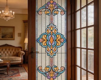 Custom Size Vintage Pastel Floral Stained Glass Window Film Static Cling Privacy Non-Adhesive Removable Decal for Home Decor