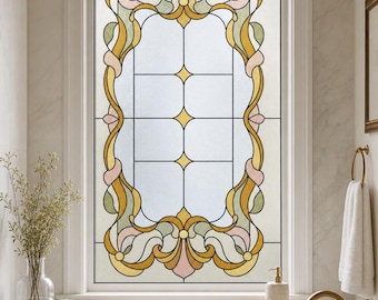 Privacy With Art Deco Green Geometric Stained Glass Effect Window Film, Custom Size Static Cling