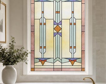 Privacy With Art Deco Geometric Stained Glass Effect Window Film, Green Static Cling, Custom Size Available