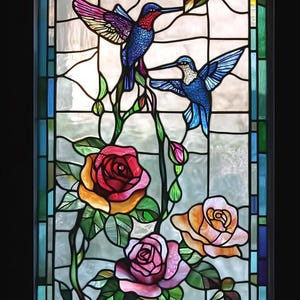 Custom Size Colorful Stained Glass Window Film Lifelike Hummingbirds and Roses Design for Enhanced Privacy and Stunning Home Style