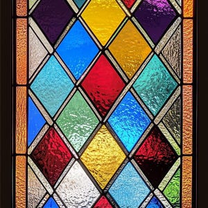 May include: A stained glass window with a diamond pattern in various colors, including red, yellow, blue, green, and purple.