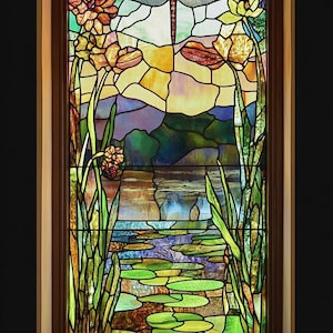 Custom Size Dragonfly Pond Stained Glass Window Film Tranquil Nature-Inspired Static Cling Privacy Decal Lily Pad & Sunset Design for Home