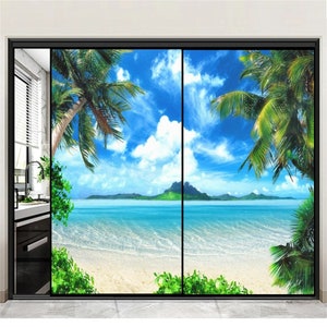 Custom Size Static Cling Privacy Window Film Heat Control Anti-UV Blocking with Sea Scenery Pattern Frosted Stickers for Window Decoration