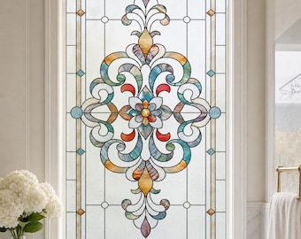 Floral Art Deco Stained Glass Effect Window Film, Green Geometric Static Cling, Custom Size Available