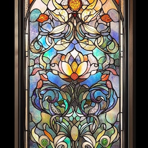 May include: A stained glass window featuring a floral design. The window depicts a large, yellow flower with blue, green, and white leaves. The window is framed in dark wood.
