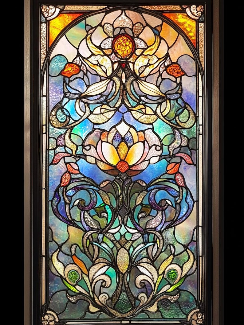 May include: A stained glass window featuring a floral design. The window depicts a large, yellow flower with blue, green, and white leaves. The window is framed in dark wood.