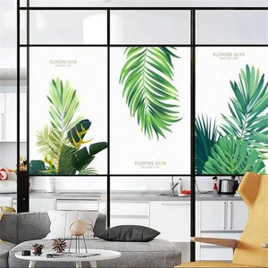 Customized Size Privacy-Oriented Window Film with Green Plant Decor Static-Cling Frosted Design Glue-Free for Home Use