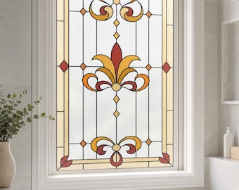 Bathroom Window Stained Glass Effect Film, Art Deco Fleur de Lis Static Cling, Custom Size Available