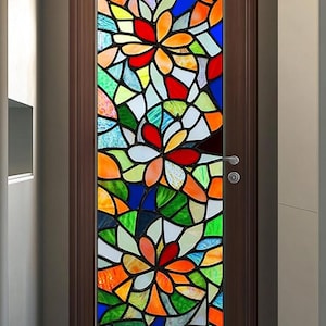Custom Size Artistic Flower Pattern Window Film Stunning Stained Glass Effect Privacy Cling for Entryway Interior Doors UV Blocking