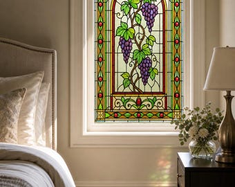 Bedroom Grape Vine Printed Stained Glass Effect Window Film, Custom Size Available