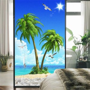 Custom Size Ocean View Privacy Window Film Beach-Themed Frosted Glass Stickers Sun Blocking Glue-Free Static Adhesive for Bathroom Door Film