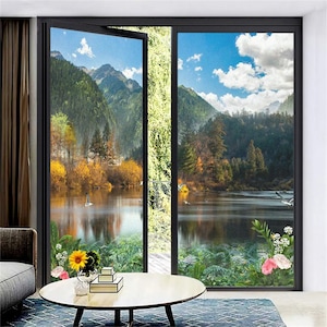 Custom Size Home Privacy Glass Window Film with Lake View Pattern Frosted PVC Door Film for Sun Blocking Static Cling Glass Window Tint