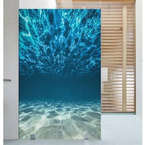 Custom Size Blue Ocean Stained Glass Decorative Window Film Frosted Fish Tank Window Door Sticker Bathroom Bedroom No Adhesive Decor