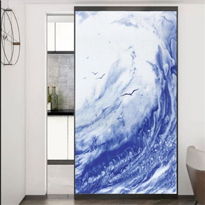 Customized Frosted Stained Glass Window Film Sea Wave Birds Privacy Glass Film No Glue Easy Install Home Decor for Bathroom Bedroom Skylight