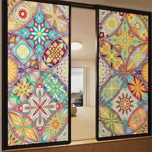 Custom Size Privacy Stained Glass Film Vintage Pattern Window Film Static Cling No Adhesives Bedroom Bathroom Home Decor