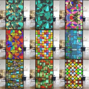 Frosted Custom Size Vinly Window Film Frosted Mosaic Colorful Blocks Stained Glass Film for Bathroom Kitchen Window Foil No Adhesive